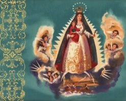 60-cm-Rapport Patchworkstoff CHRISTMAS TIME, Madonna Mit Engeln, Gedecktes Petrol-lila