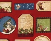 60-cm-Rapport Patchworkstoff HOLLY JOLLY CHRISTMAS Mit Weihnachts-Etiketten, Dunkelrot