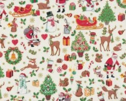 Metallic-Patchworkstoff MERRY CHRISTMAS, Weihnachtsgewusel, Creme-rot, Hilco
