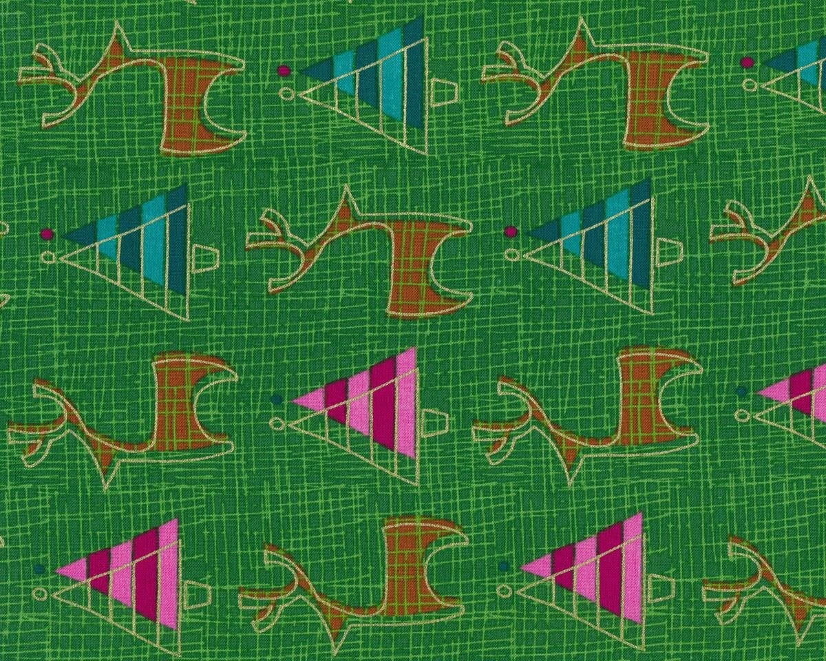 Metallic-Patchworkstoff MERRY LITTLE CHRISTMAS, Rentiere Und Tannen, Moosgrün-gold Metallic 3 Metallic-Patchworkstoff MERRY LITTLE CHRISTMAS, Rentiere Und Tannen, Moosgrün-gold Metallic