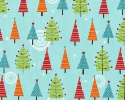 Patchworkserie "Colorful Christmas" Mit Lustigen Comic-Tannenbäumen, Hellblau-orange-rot