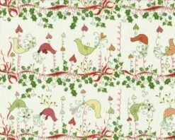 Patchworkstoff "Christmas Bird" Mit Zarten Vögelchen Und Ilex-Ranke, Rot-grün-cremé