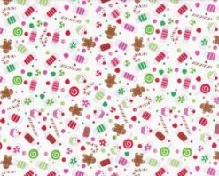Patchworkstoff "Christmas Candy" Mit Kleinen Süßen Weihnachtsnaschereien, Weiß-rot-braun