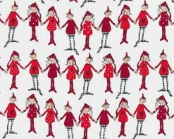 Patchworkstoff CHRISTMAS DANCING, Wichtel-Ringelreihe, Gebrochenes Weiß-dunkelrot