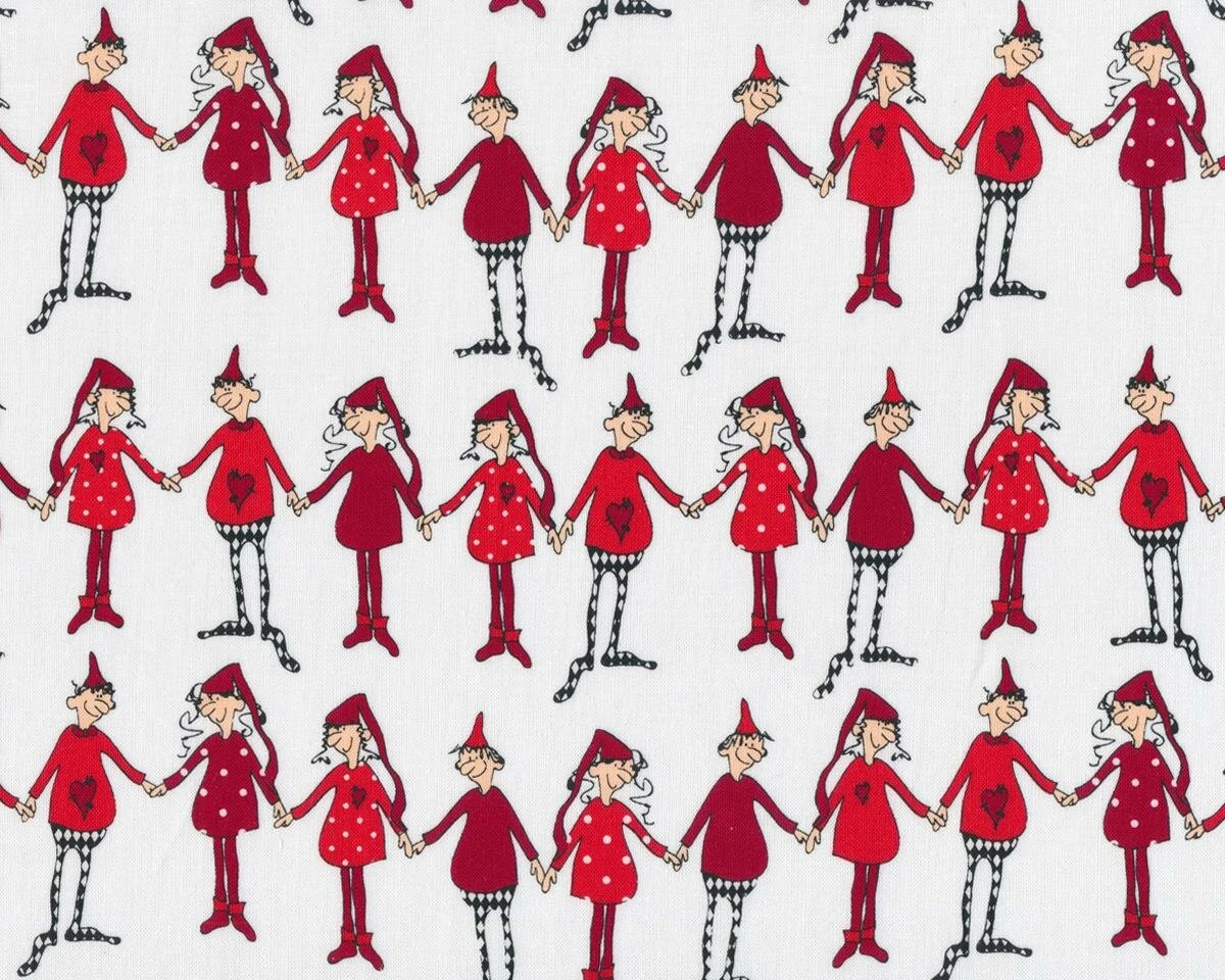 Patchworkstoff CHRISTMAS DANCING, Wichtel-Ringelreihe, Gebrochenes Weiß-dunkelrot 3 Patchworkstoff CHRISTMAS DANCING, Wichtel-Ringelreihe, Gebrochenes Weiß-dunkelrot