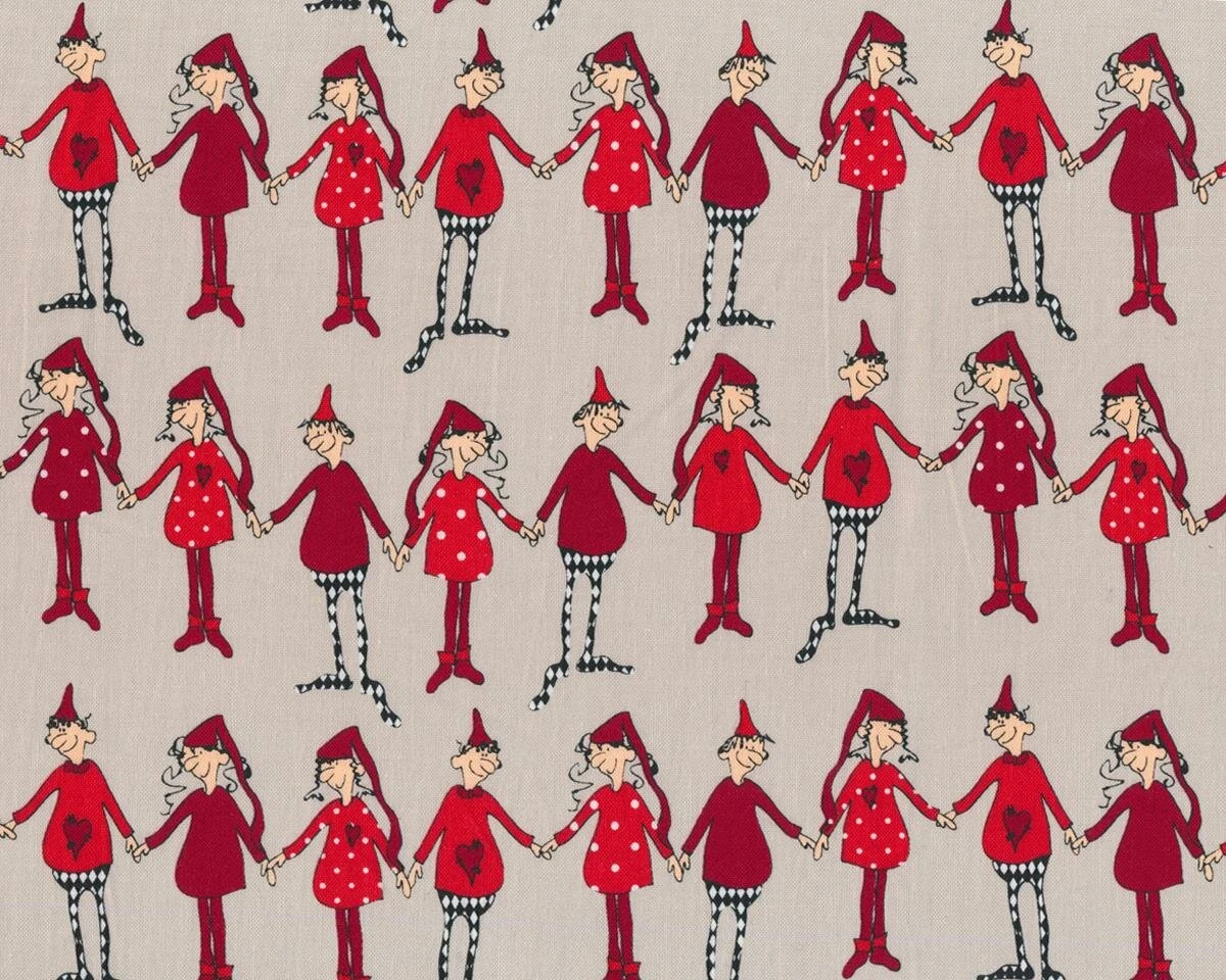 Patchworkstoff CHRISTMAS DANCING, Wichtel-Ringelreihe, Natur-dunkelrot 3 Patchworkstoff CHRISTMAS DANCING, Wichtel-Ringelreihe, Natur-dunkelrot