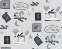 Patchworkstoff CHRISTMAS FOR FRIENDS, Weihnachtsfuchs Und Eichhörnchen, Hellgrau-steingrau