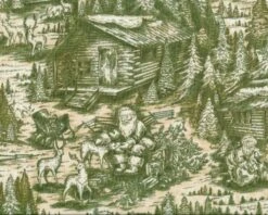 Patchworkstoff CHRISTMAS IN THE WOODS Mit Weihnachtsmann Und Blockhütte, Olivegrün-hellbeige