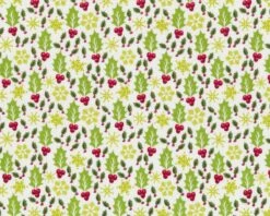 Patchworkstoff CHRISTMAS KITSCH, Ilex Und Schneeflocken, Weiß-grasgrün