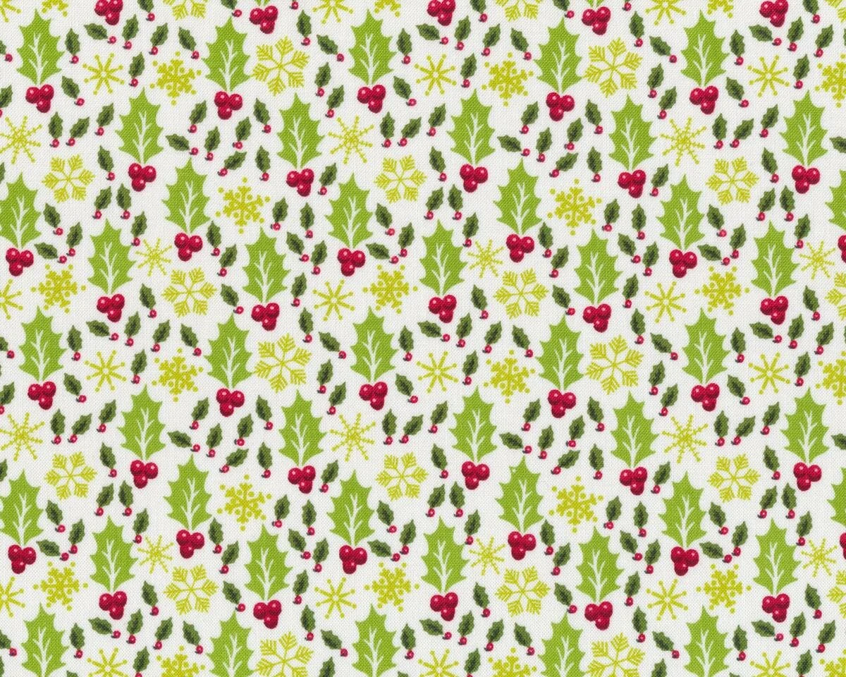 Patchworkstoff CHRISTMAS KITSCH, Ilex Und Schneeflocken, Weiß-grasgrün 3 Patchworkstoff CHRISTMAS KITSCH, Ilex Und Schneeflocken, Weiß-grasgrün