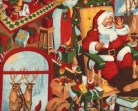 Patchworkstoff CHRISTMAS TIME, Beim Weihnachtsmann Zu Haus, Rot-gedecktes Aprikot-grün