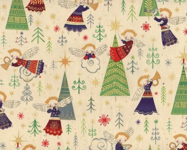 Patchworkstoff CHRISTMAS TIME Mit Süßen Kleinen Engeln, Hellbeige-grün-lila-gold Metallic 3 Patchworkstoff CHRISTMAS TIME Mit Süßen Kleinen Engeln, Hellbeige-grün-lila-gold Metallic