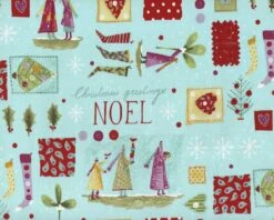 Patchworkstoff "Christmas Time" Mit Weihnachts-Figuren, Hellblau-dunkelrot
