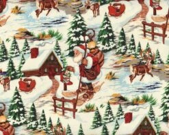 Patchworkstoff CHRISTMAS TIME, Weihnachtsmann Auf Ski, Rotbraun-tannengrün