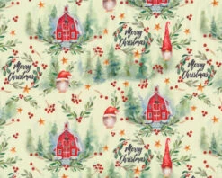 Weihnachtsstoff MERRY CHRISTMAS, Wichtel Und Häuser